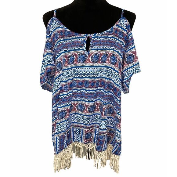 Kori Tops - Kori America Women’s Blue Boho Cold Shoulder Top Size Medium